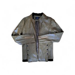 Hong Meng Caramel Faux Leather Moto Jacket | Zip Details | Small Fit